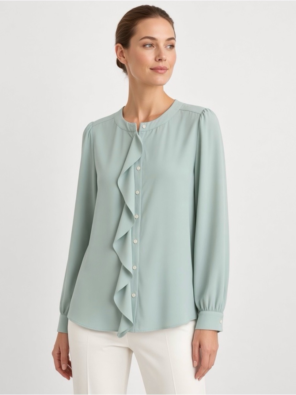 NWT Ann Taylor Petite Soft Mint Ruffle Front Blouse – Size MP